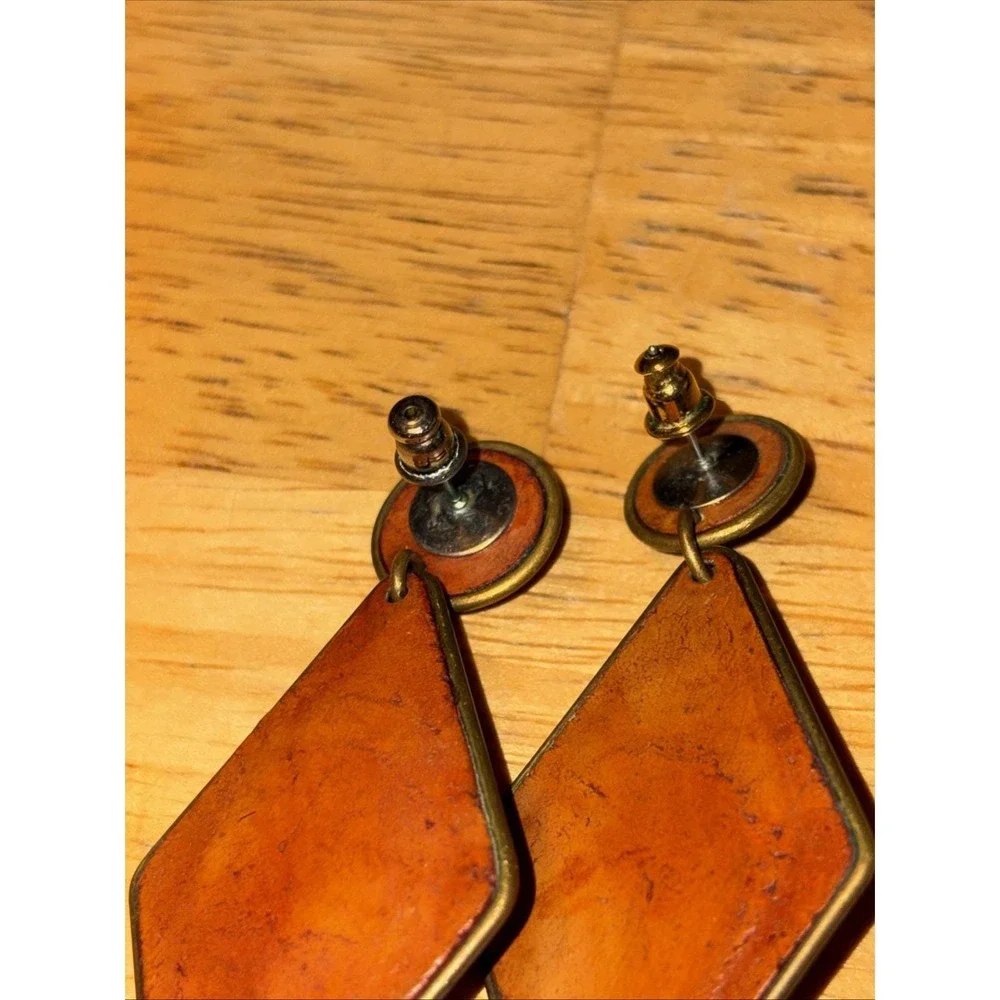 Rare Southwest Style Faux Turquoise Leather Look Dangle Vintage Pierced Earrings